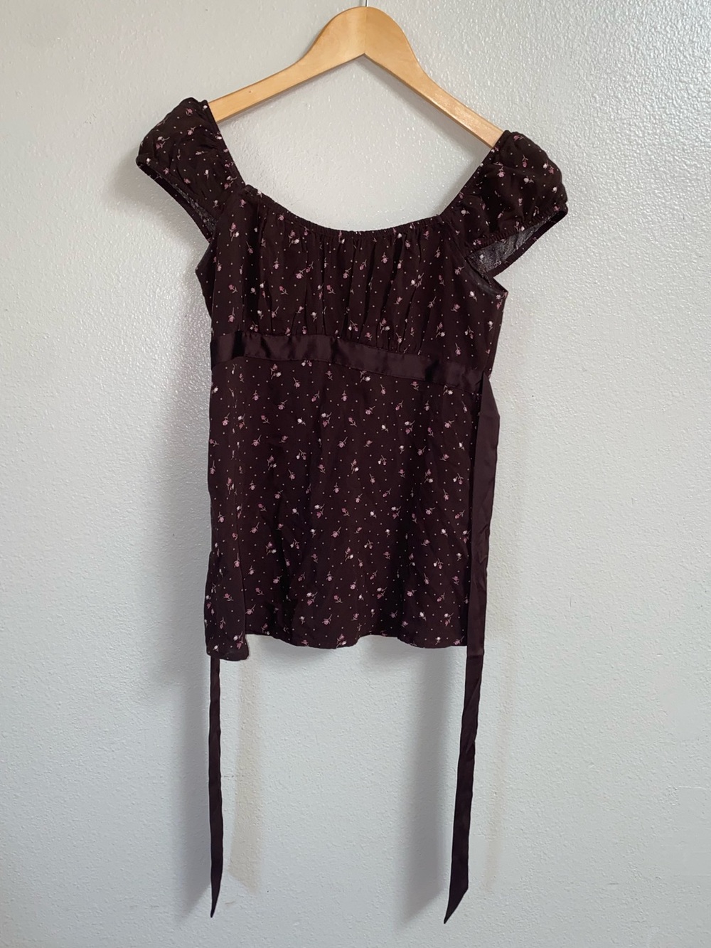 Hollister Brown Floral Chiffon Empire Waist Regency Top XS Satin Ribbon Tie